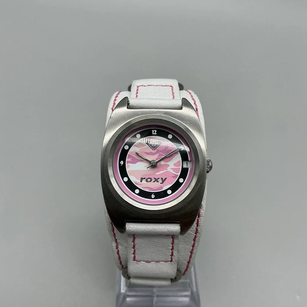 Roxy Womens Watch 30mm Pink Camo Logo Dial White Leather Bund Strap New Battery